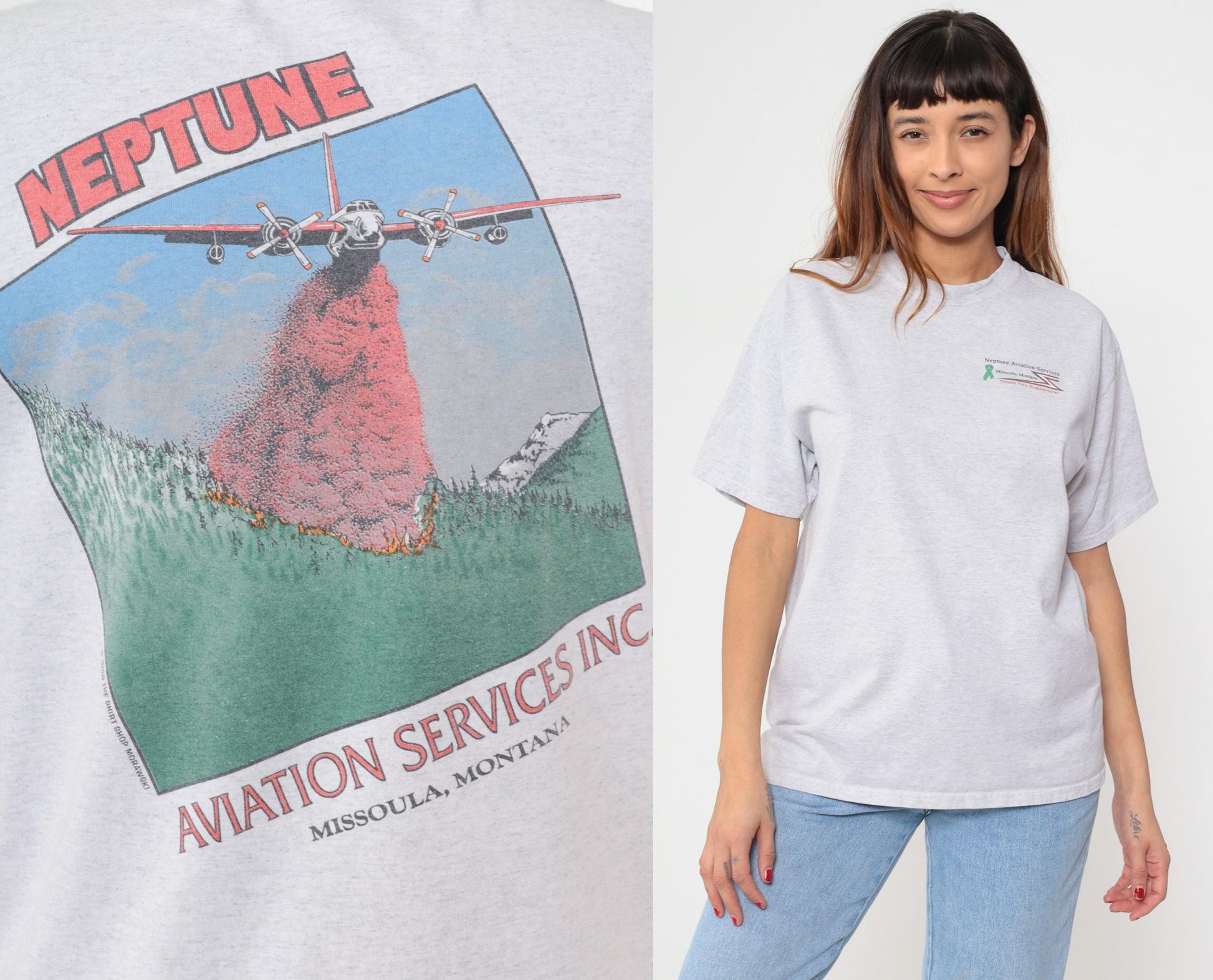 Y2K Neptune Aviation Services Missoula Montana Graphic Tee Grey Large L