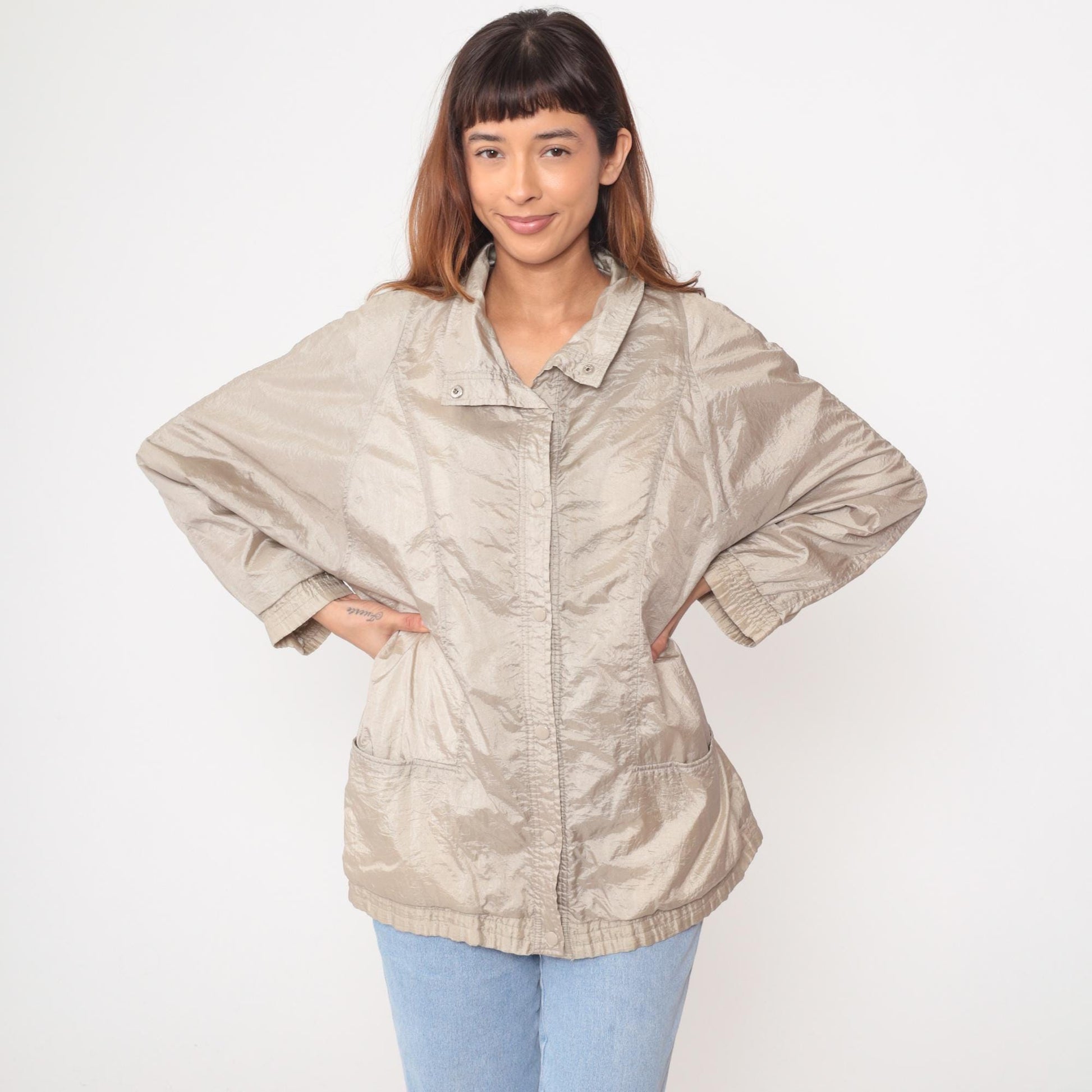 90s Haband Beige Nylon Windbreaker Jacket Snap Button Collar Large