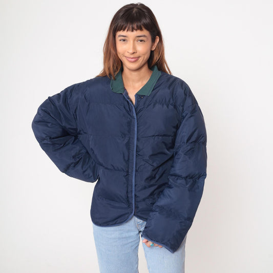 90s GM Down Puffer Jacket Navy Blue Teal Collar Quilted Medium M