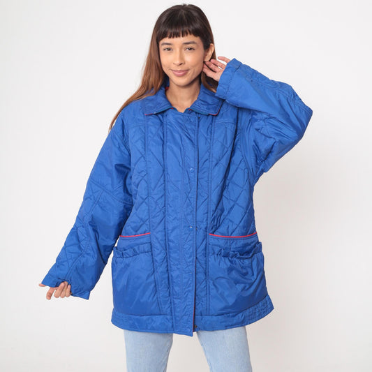 80s Aurora International Blue Quilted Jacket Diamond Pattern Red Lining Medium