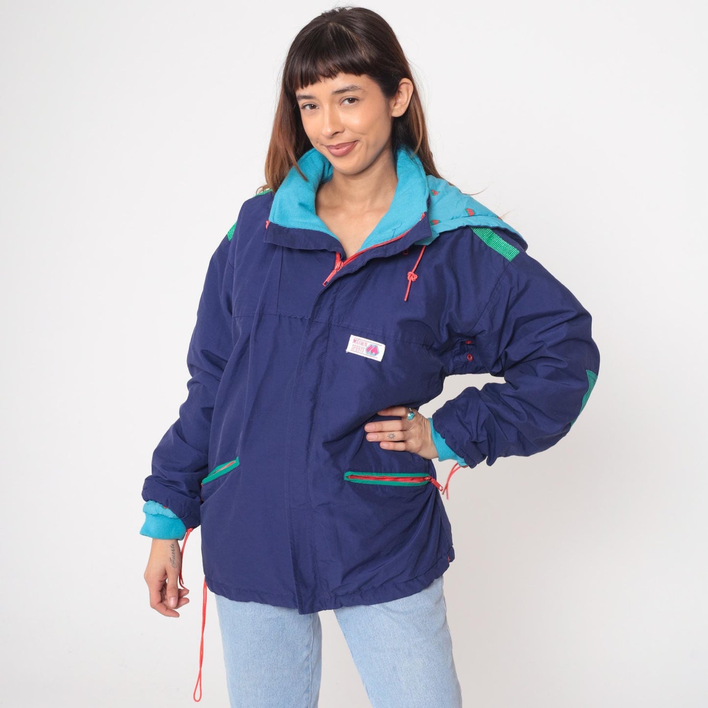 80s Marwin Sports Colorblock Windbreaker Hooded Jacket Blue Small