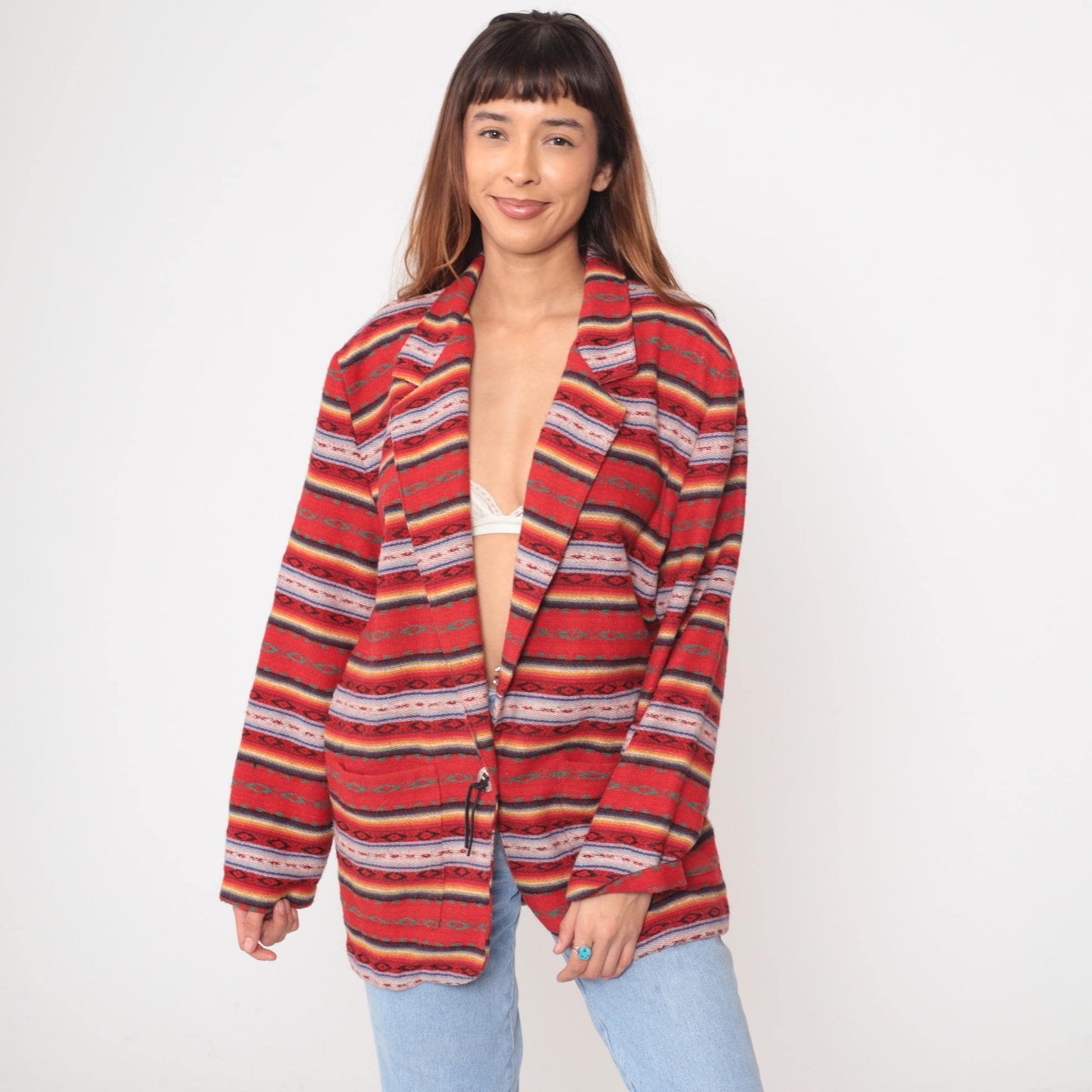 90s Leger Southwestern Blazer Red Striped Geometric Jacket Large L