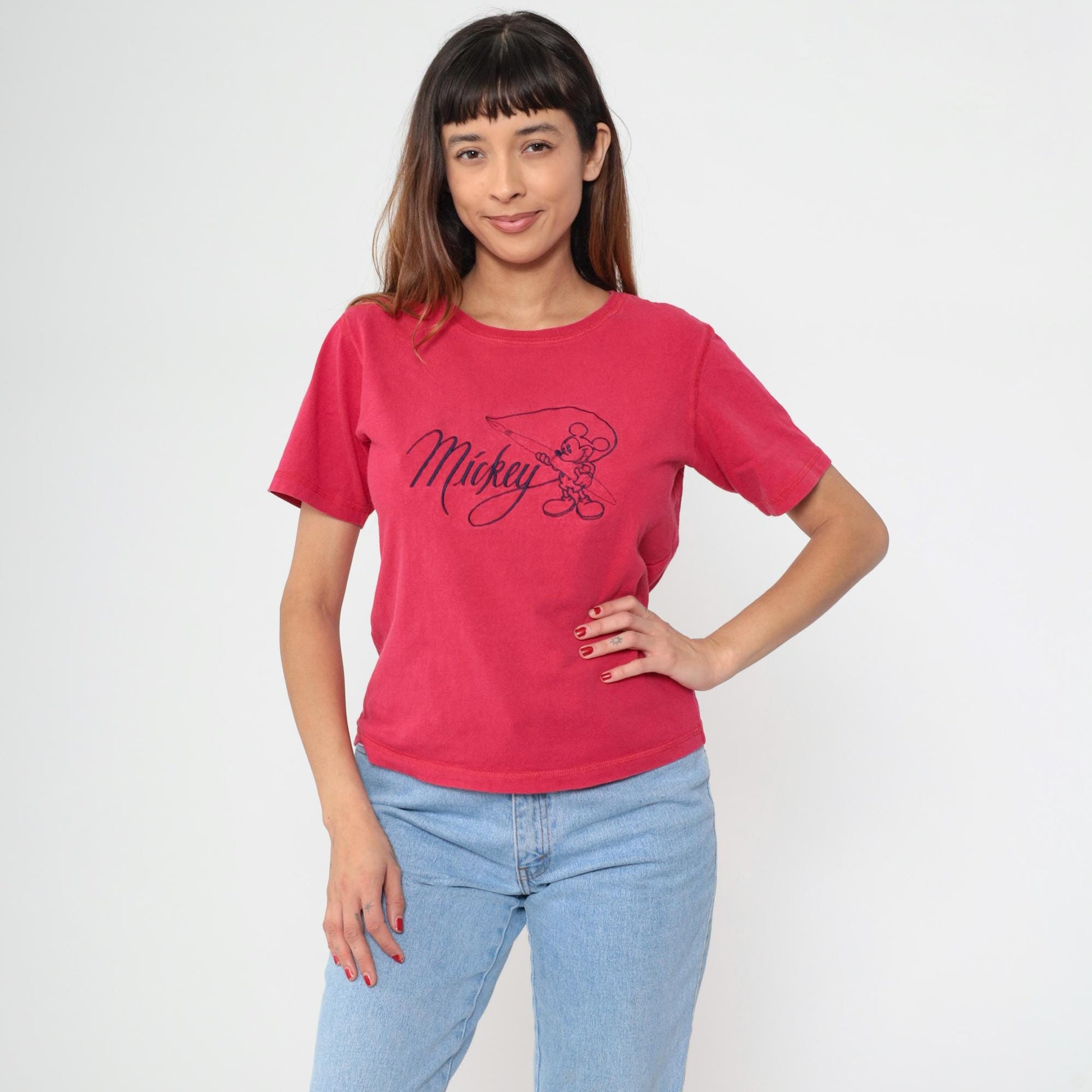 90s Mickey Mouse Fishing Graphic T-Shirt Red Cotton Crew Neck Medium M