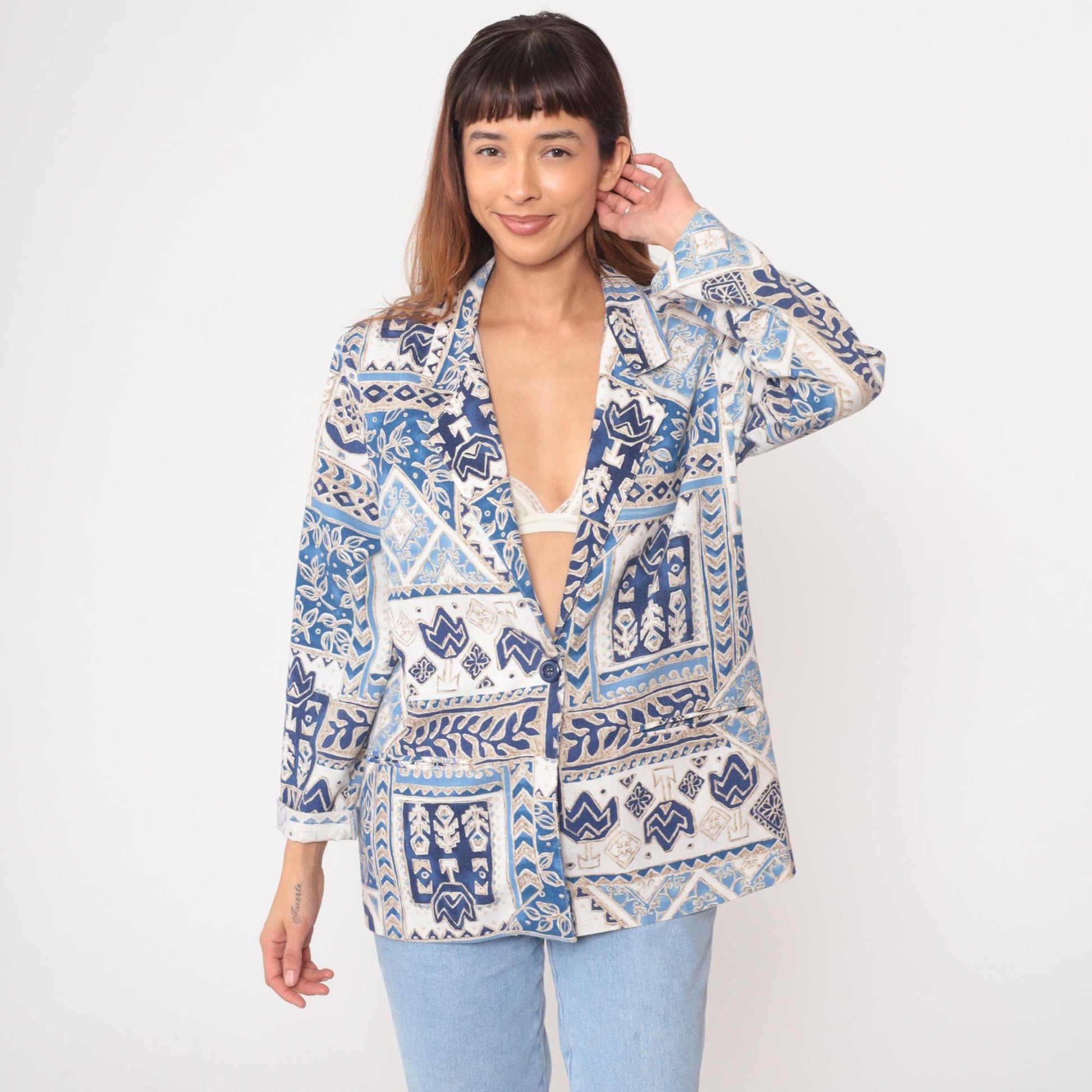 90s Blair Boutique Geometric Tile Blazer Blue White Cotton Medium
