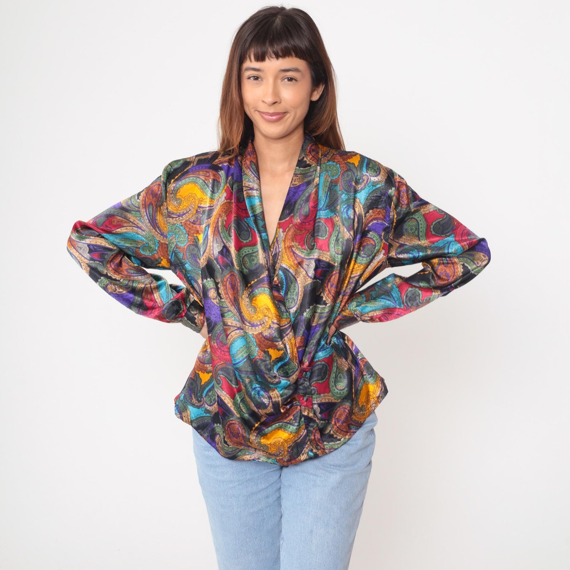 90s Nicola Paisley Wrap Blouse Multicolor Long Sleeve Large L