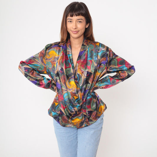 90s Nicola Paisley Wrap Blouse Multicolor Long Sleeve Large L