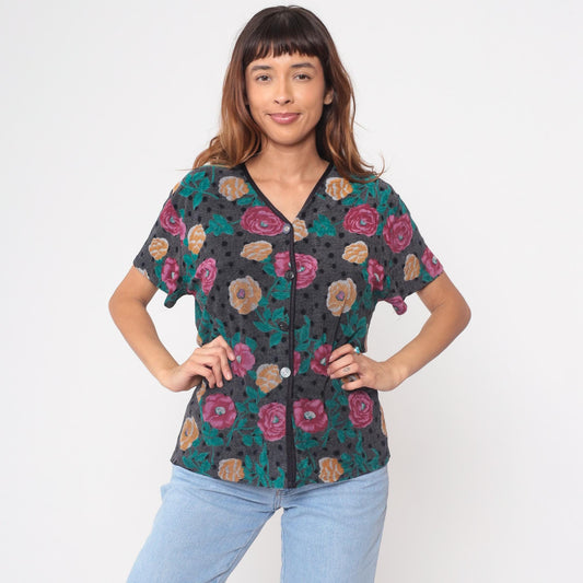 90s Floral Button-Up Blouse Velour Grey Pink Orange Roses Medium