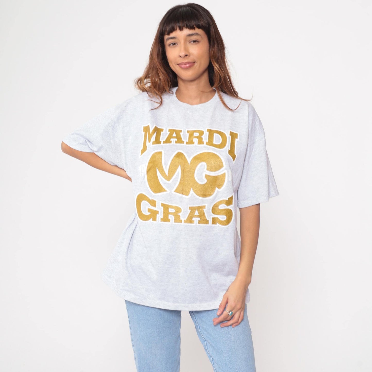 90s Mardi Gras 98 Graphic T-Shirt Grey Cotton Jerzees Extra Large XL