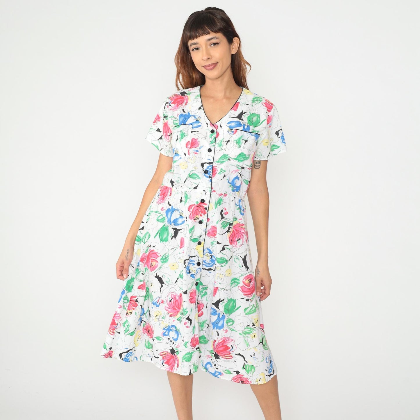 90s Charleston Rags Floral Midi Dress White Cotton Short Sleeve Medium