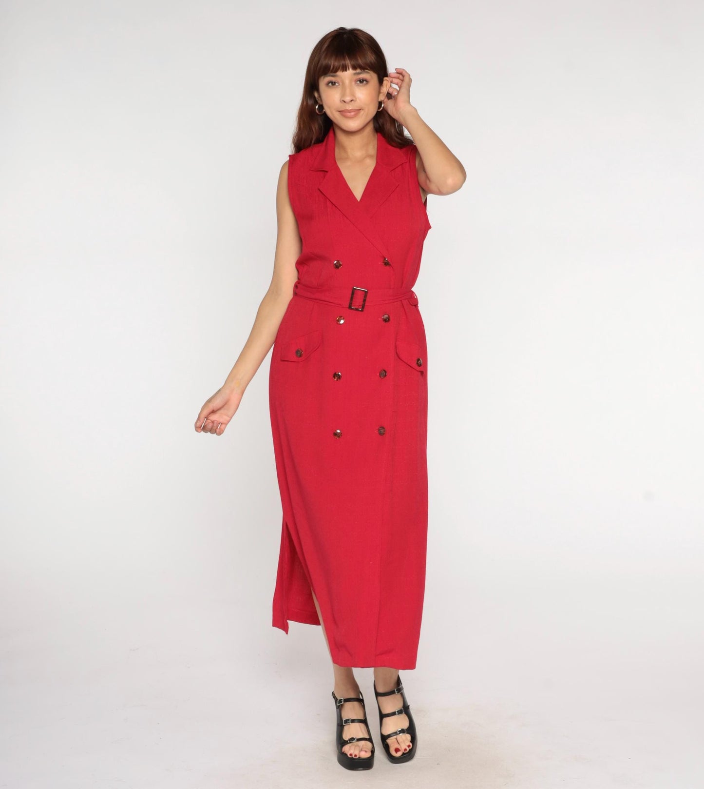 90s Sag Harbor Red Midi Dress Sleeveless Button Front Belted Notched Collar Large