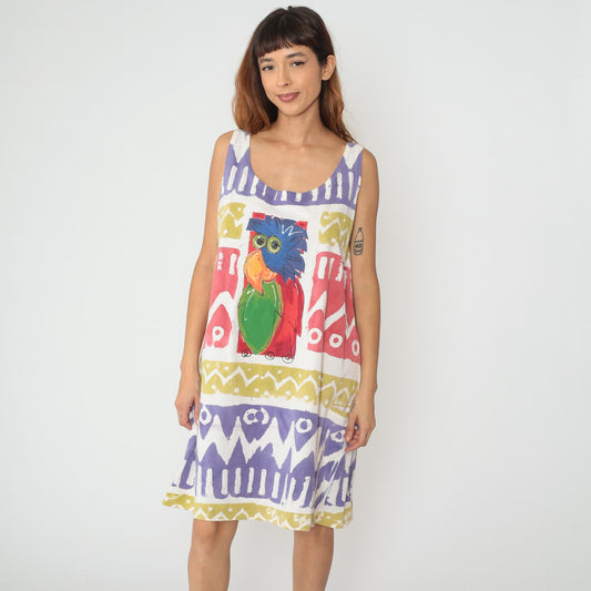 90s Parrot Shift Dress Knee Length Geometric Tribal Print Purple Yellow Pink Large