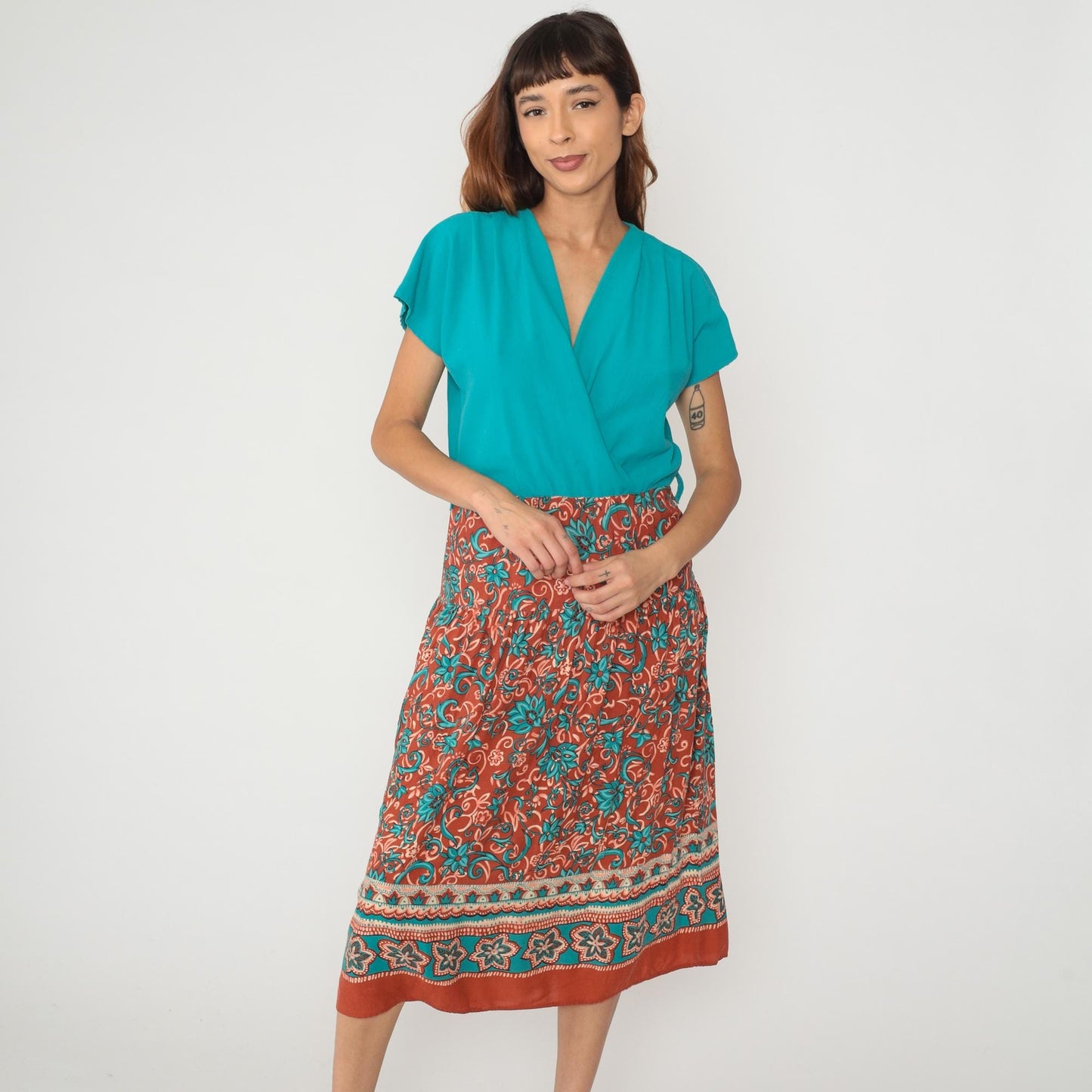 90s Caroline Wells Turquoise Floral Rayon Maxi Dress Short Sleeve Medium