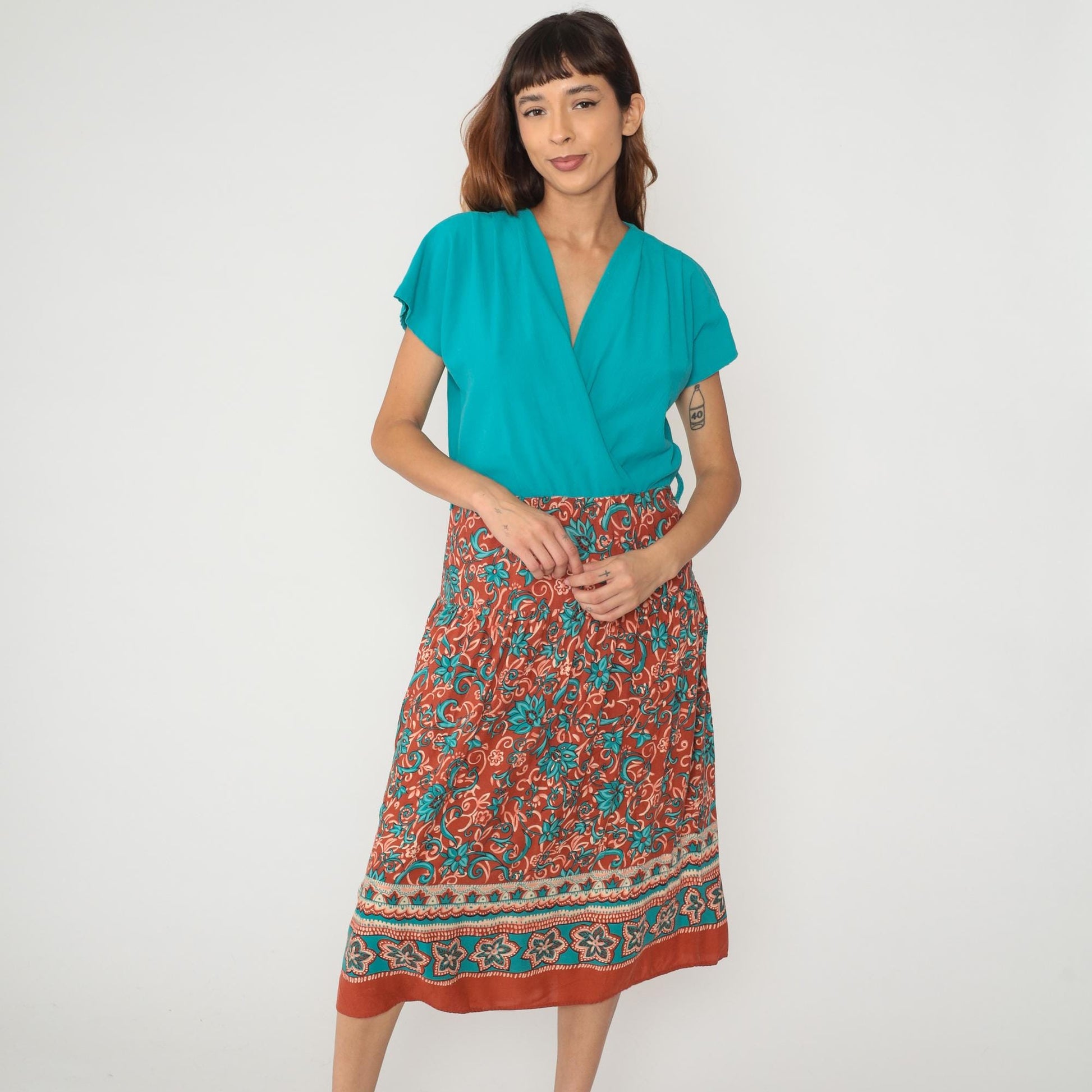 90s Caroline Wells Turquoise Floral Rayon Maxi Dress Short Sleeve Medium
