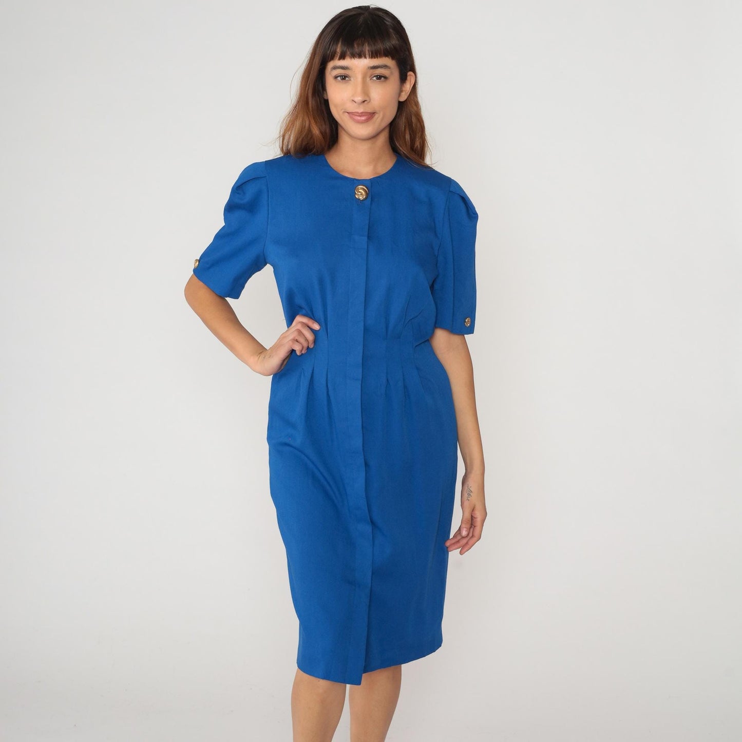 90s Royal Blue Secretary Dress Puff Sleeve Fitted Waist Knee-Length Medium