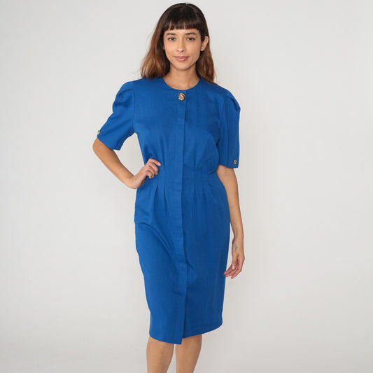 90s Royal Blue Secretary Dress Puff Sleeve Fitted Waist Knee-Length Medium
