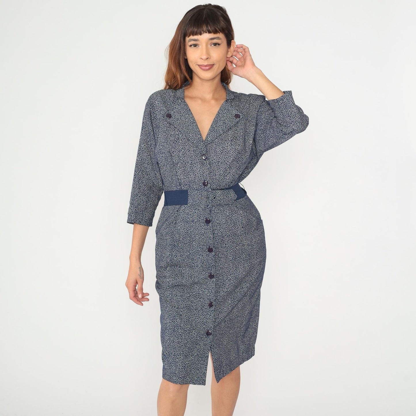 90s Wild Dress Navy Speckled Midi V-Neck Button Front Medium M