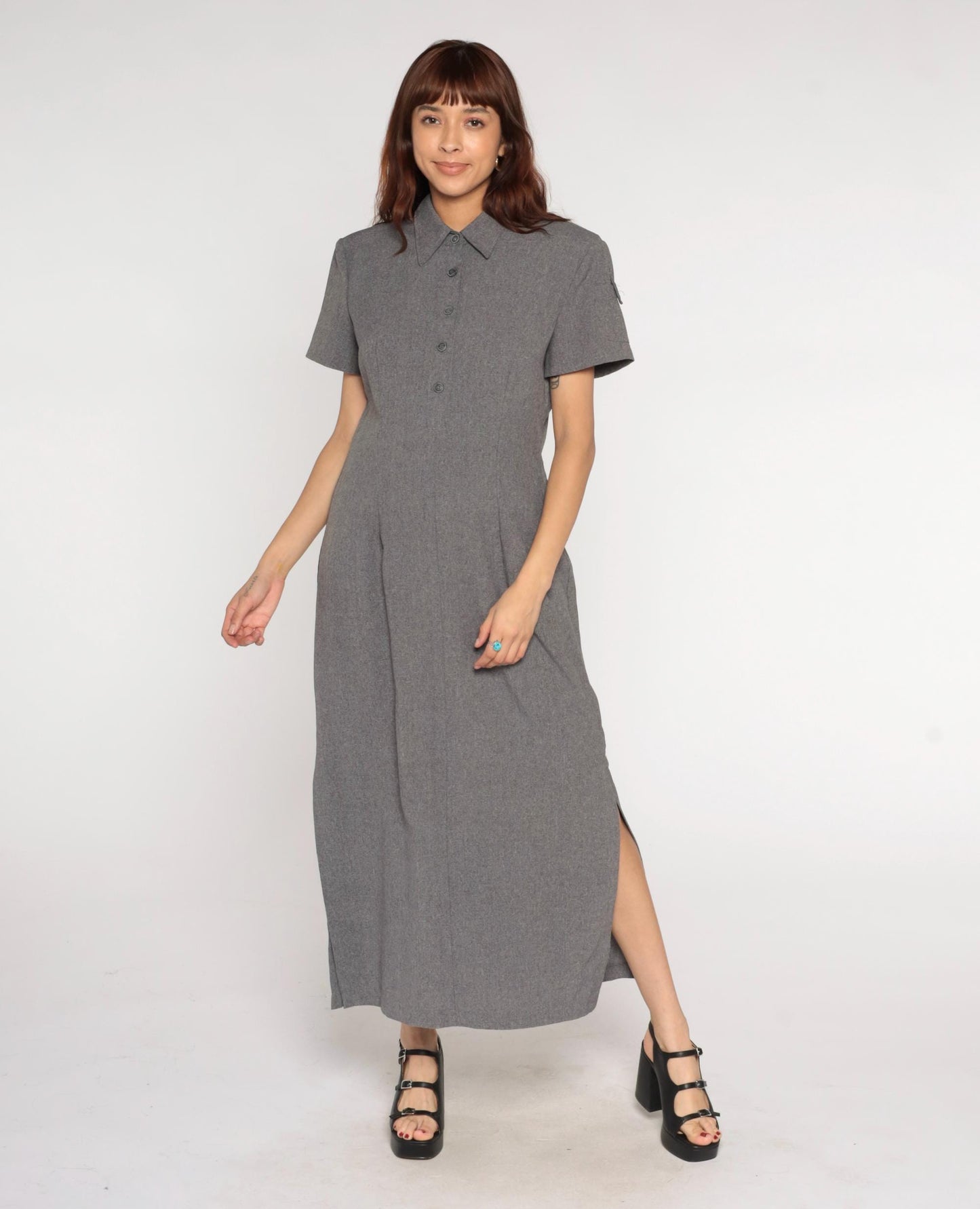 90s Grey Collared Shirt Dress Maxi Polyester Column Short Sleeve Large L