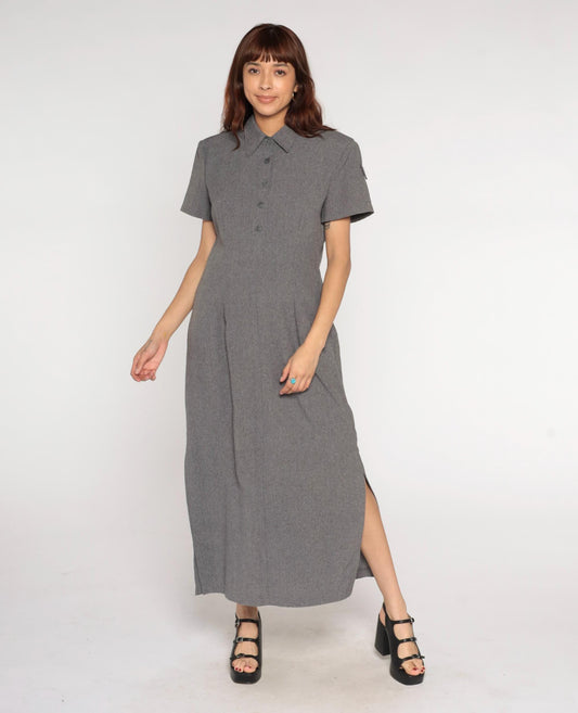 90s Grey Collared Shirt Dress Maxi Polyester Column Short Sleeve Large L