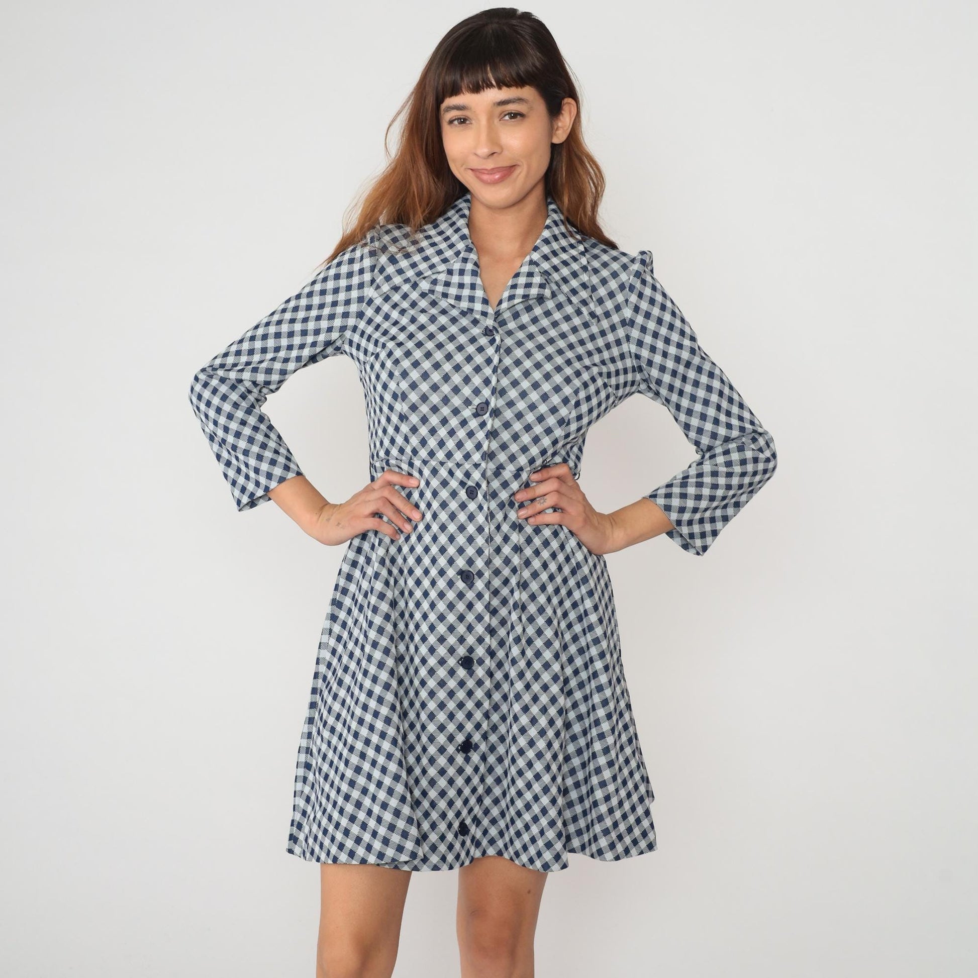 70s Blue White Gingham Check Dress Collared A-Line Long Sleeve Medium