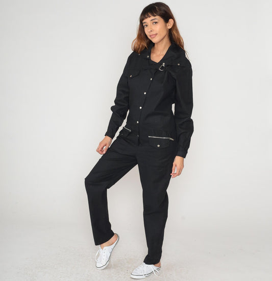 90s Nanci Jennifer Black Cotton Jumpsuit Utility Workwear Snap Medium