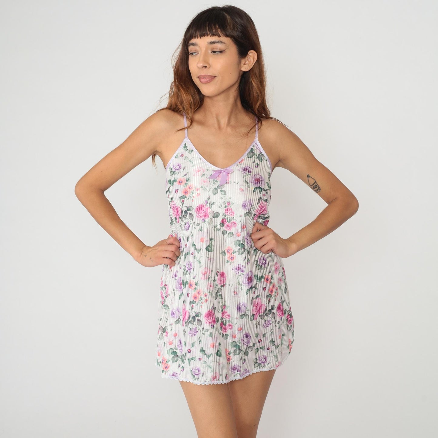 90s Floral Mini Slip Dress White Rose Print V-Neck Bow Camisole XXS
