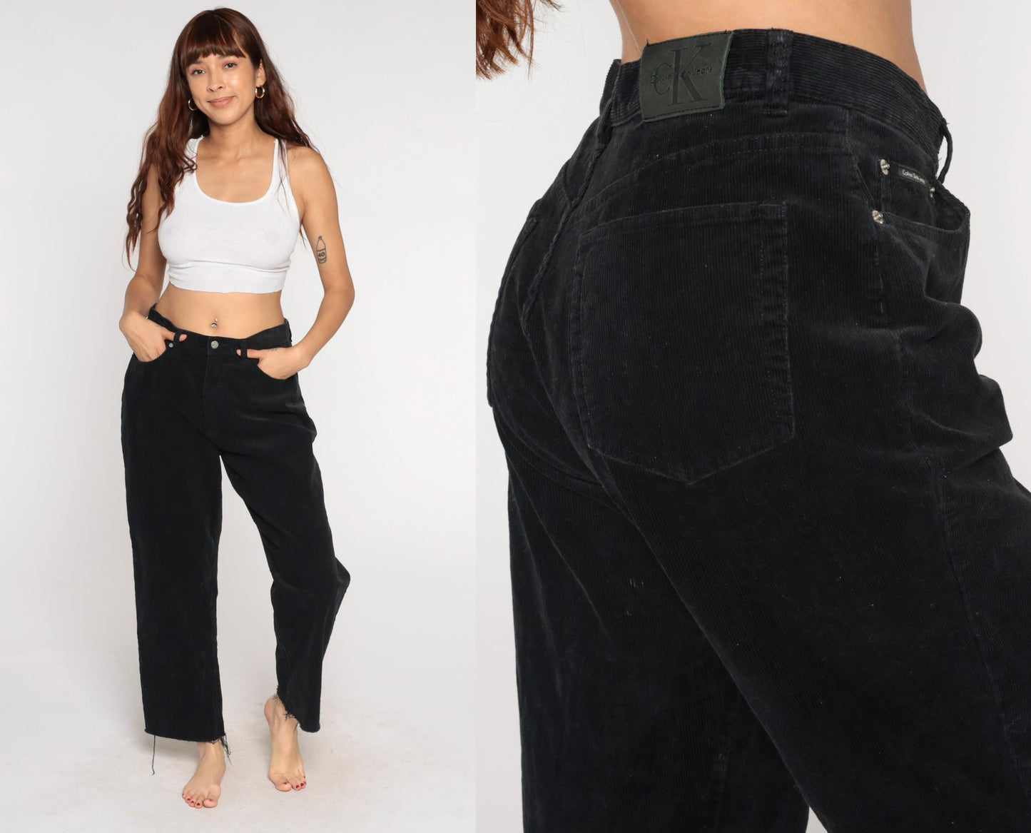 90s Calvin Klein Black Corduroy Pants Wide Leg Raw Hem Large L