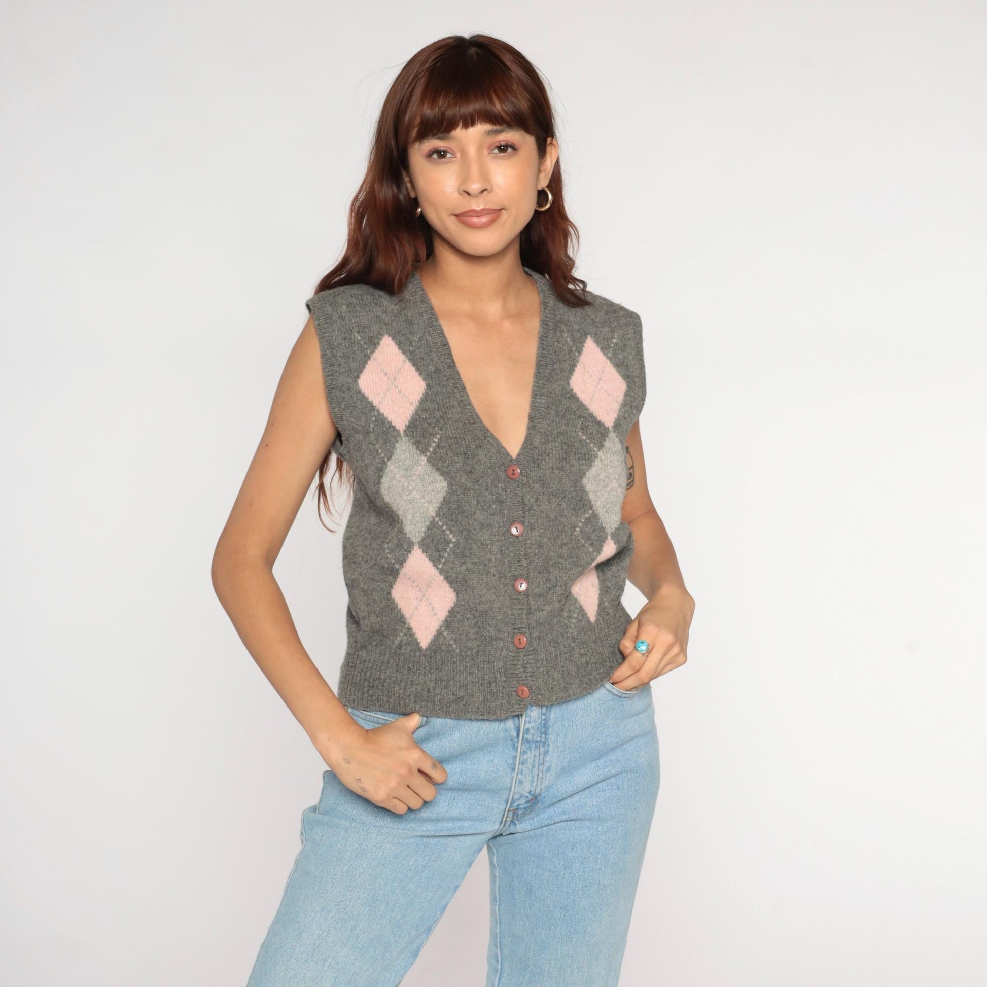 80s Casual Corner Argyle Wool Sweater Vest Grey Pink Cream Medium M