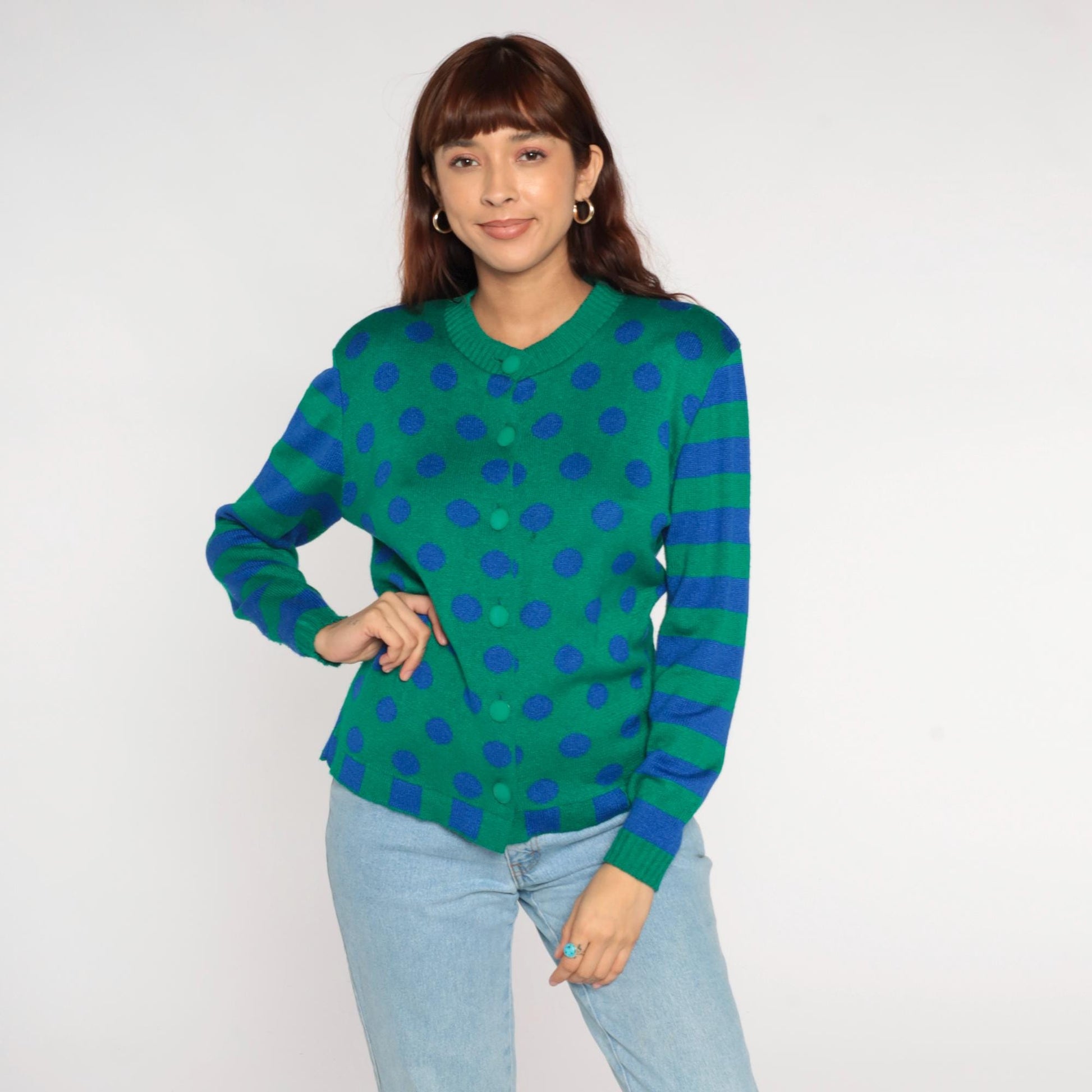 80s Ami Knits Cardigan Green Polka Dot Blue Striped Sleeves Large L