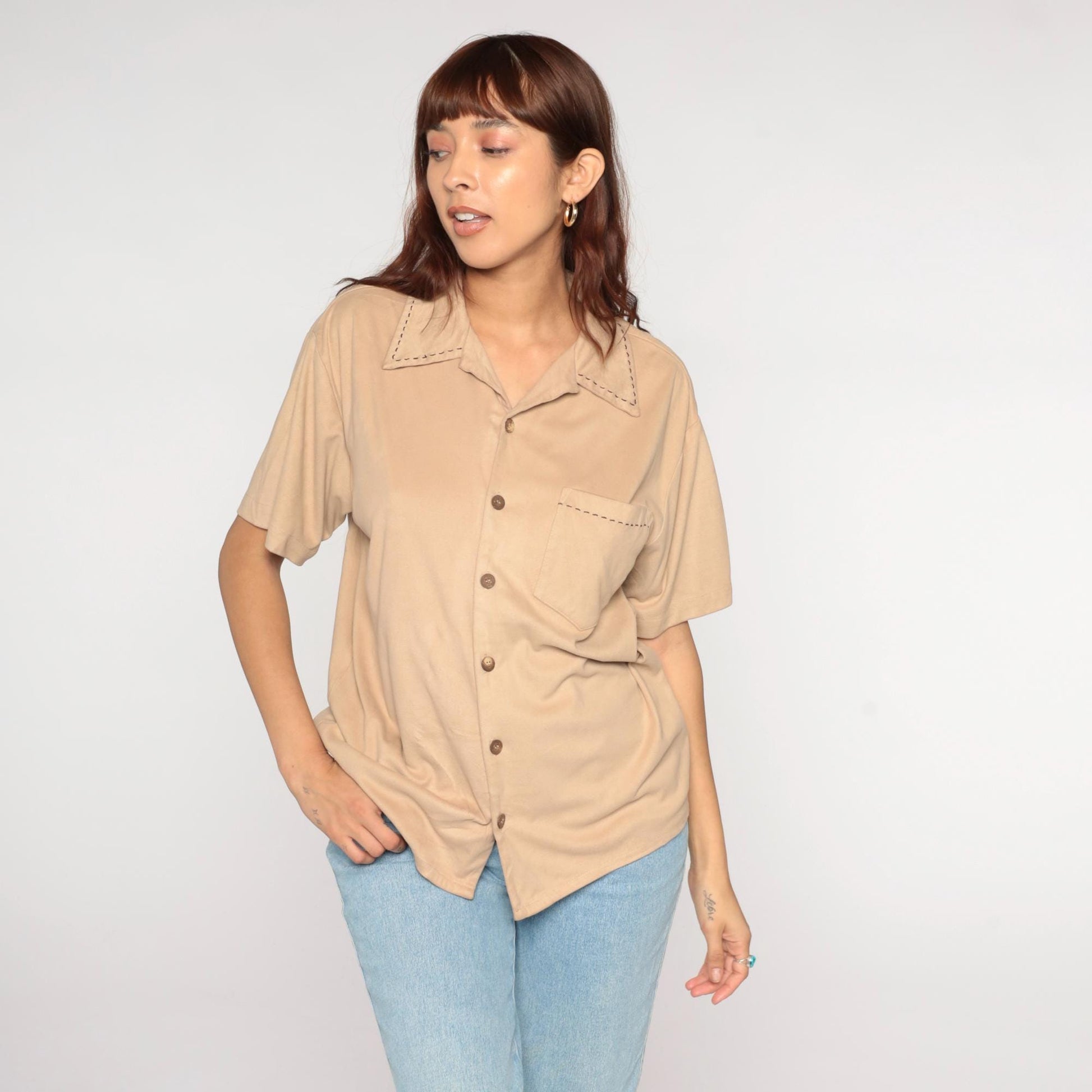 Y2K Positano Beige Camp Collar Shirt Short Sleeve Stitch Detail Small S