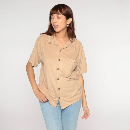 Y2K Positano Beige Camp Collar Shirt Short Sleeve Stitch Detail Small S
