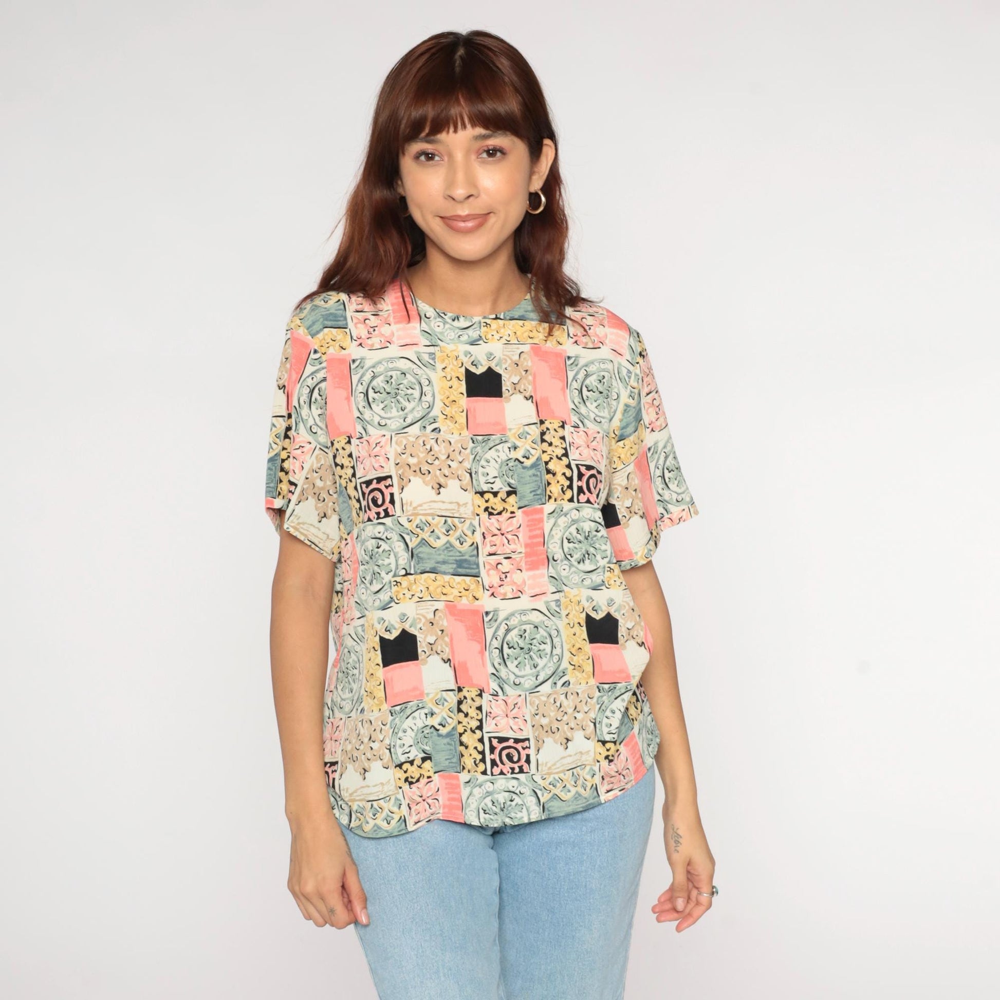90s Patchwork Tile Print Blouse Pastel Geometric Short-Sleeve Large L