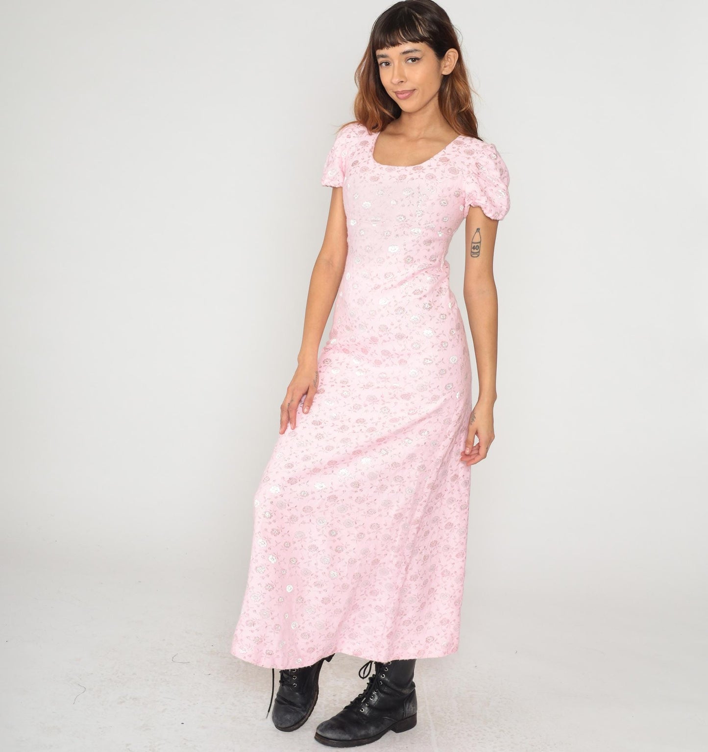 70s Pink Floral Maxi Dress Metallic Jacquard Puff Sleeve Small