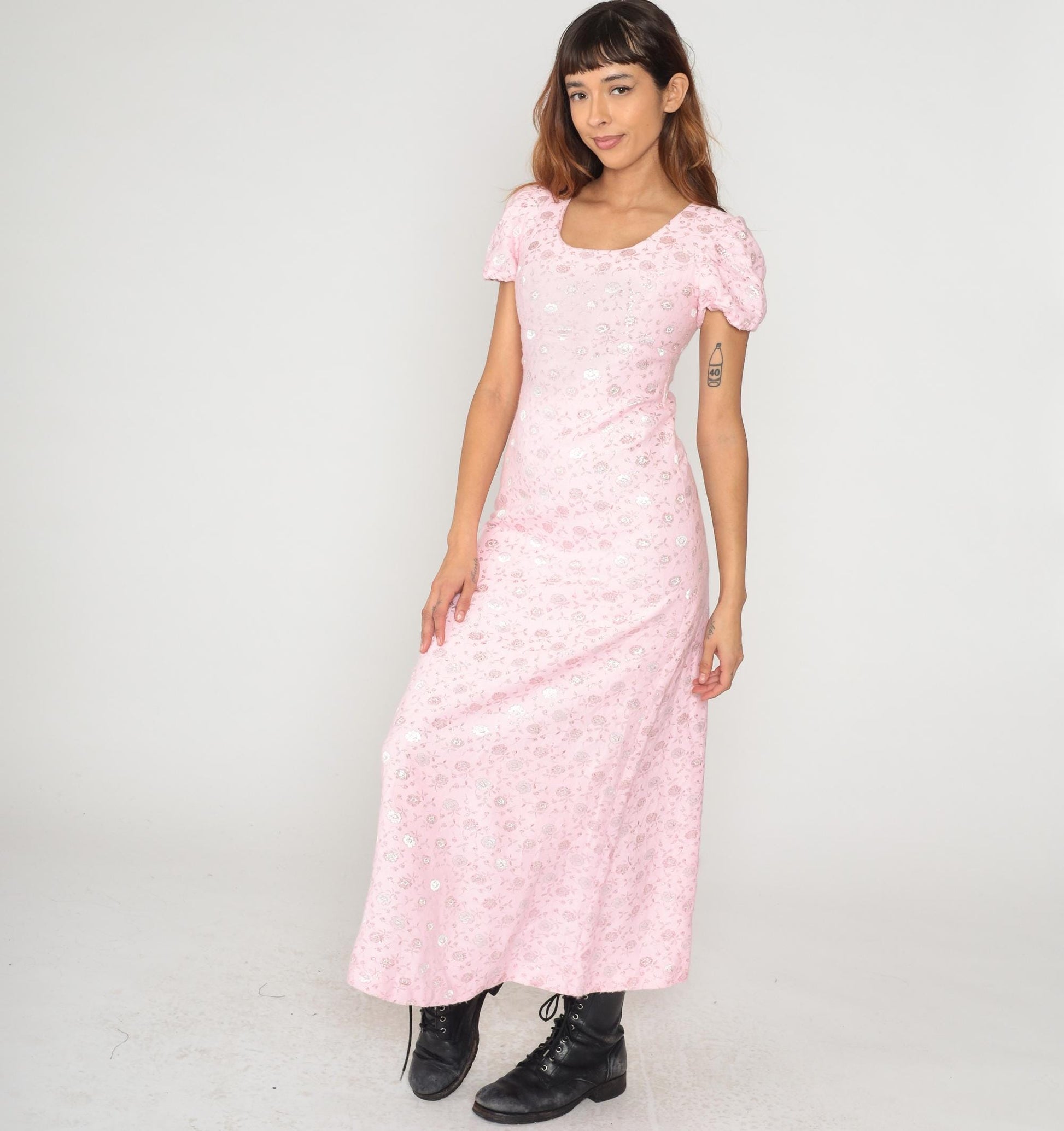 70s Pink Floral Maxi Dress Metallic Jacquard Puff Sleeve Small