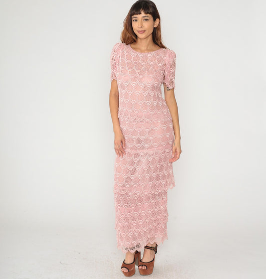80s Martinique Pink Lace Maxi Dress Scalloped Short Sleeve Small