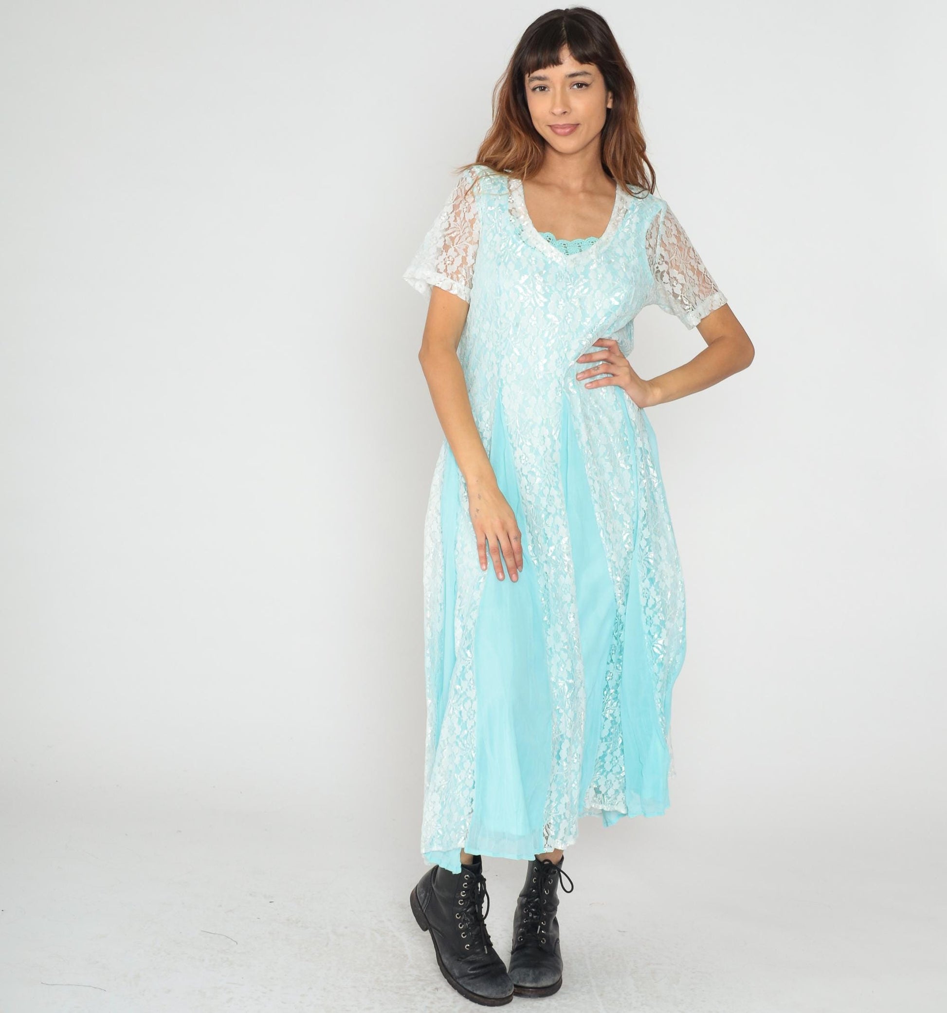 90s Vicki Wayne Aqua Lace Maxi Dress White Crochet Trim V-Neck Large L