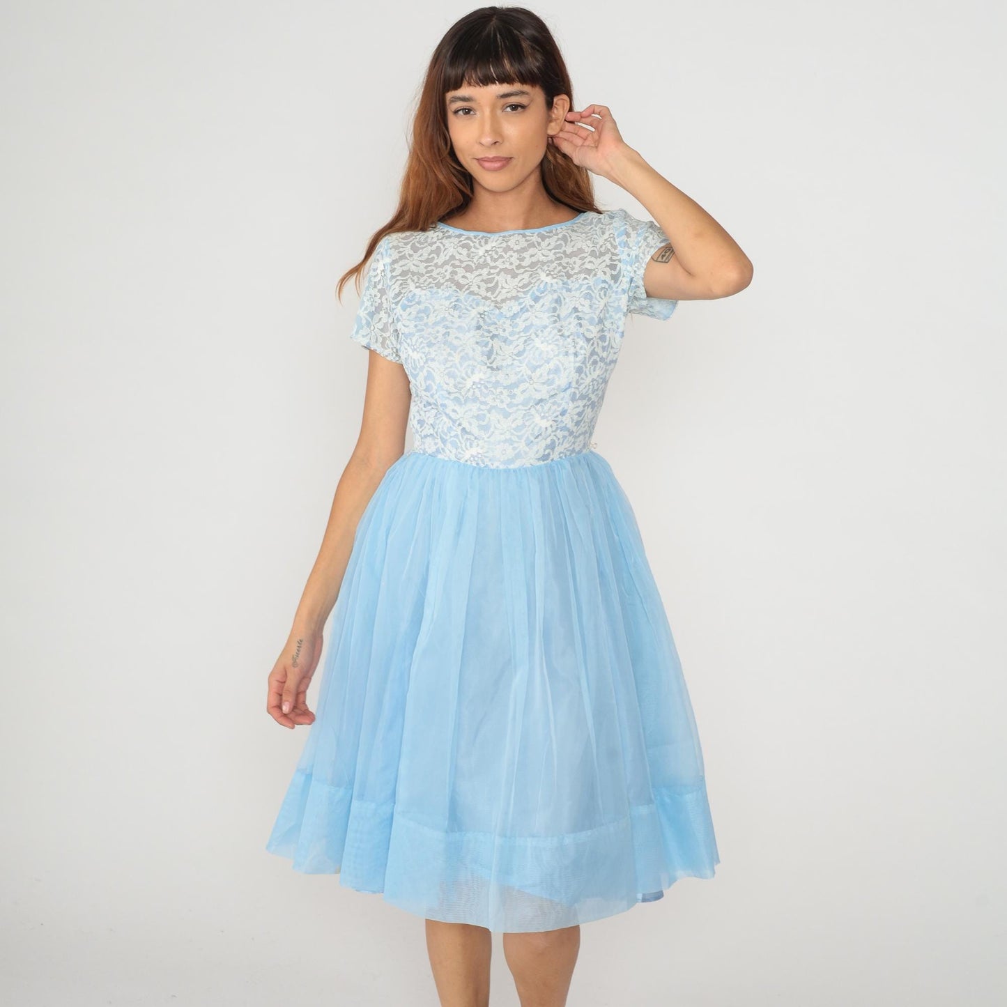 60s Light Blue Floral Lace Party Dress White Overlay Chiffon Skirt Small