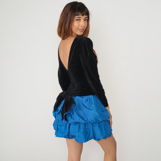 80s Black Velvet Blue Ruffle Puff Sleeve Backless Dress Small