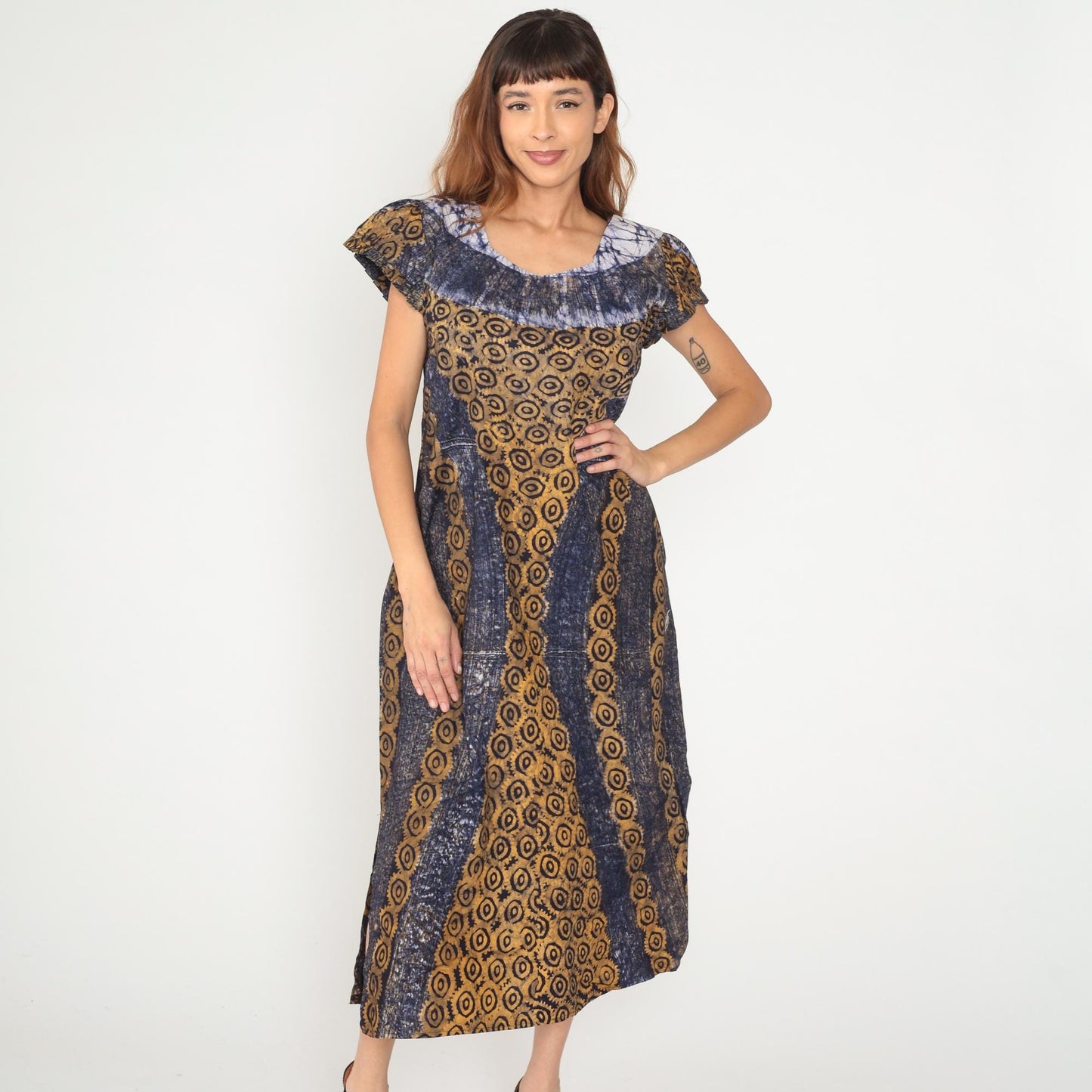 Y2K Tie Dye Blue White Maxi Dress Gold Circular Print Cap Sleeve Medium M