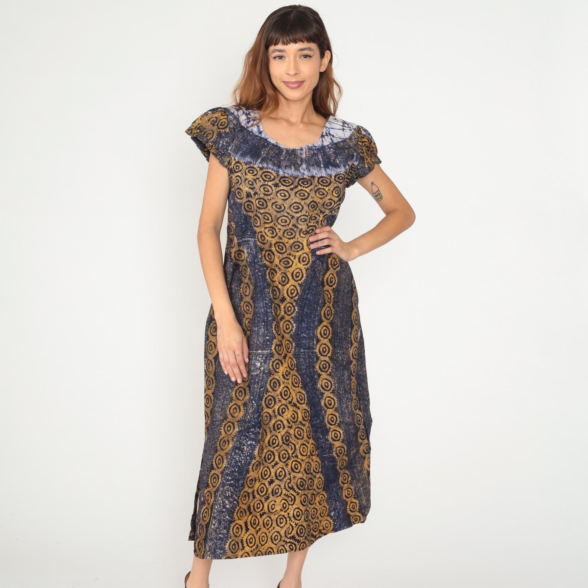 Y2K Tie Dye Blue White Maxi Dress Gold Circular Print Cap Sleeve Medium M