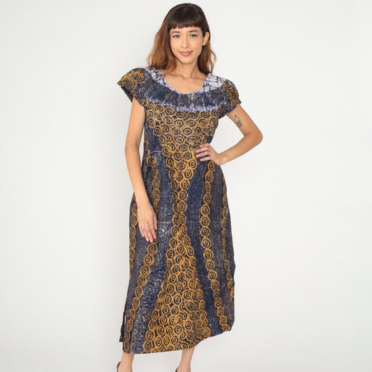 Y2K Tie Dye Blue White Maxi Dress Gold Circular Print Cap Sleeve Medium M