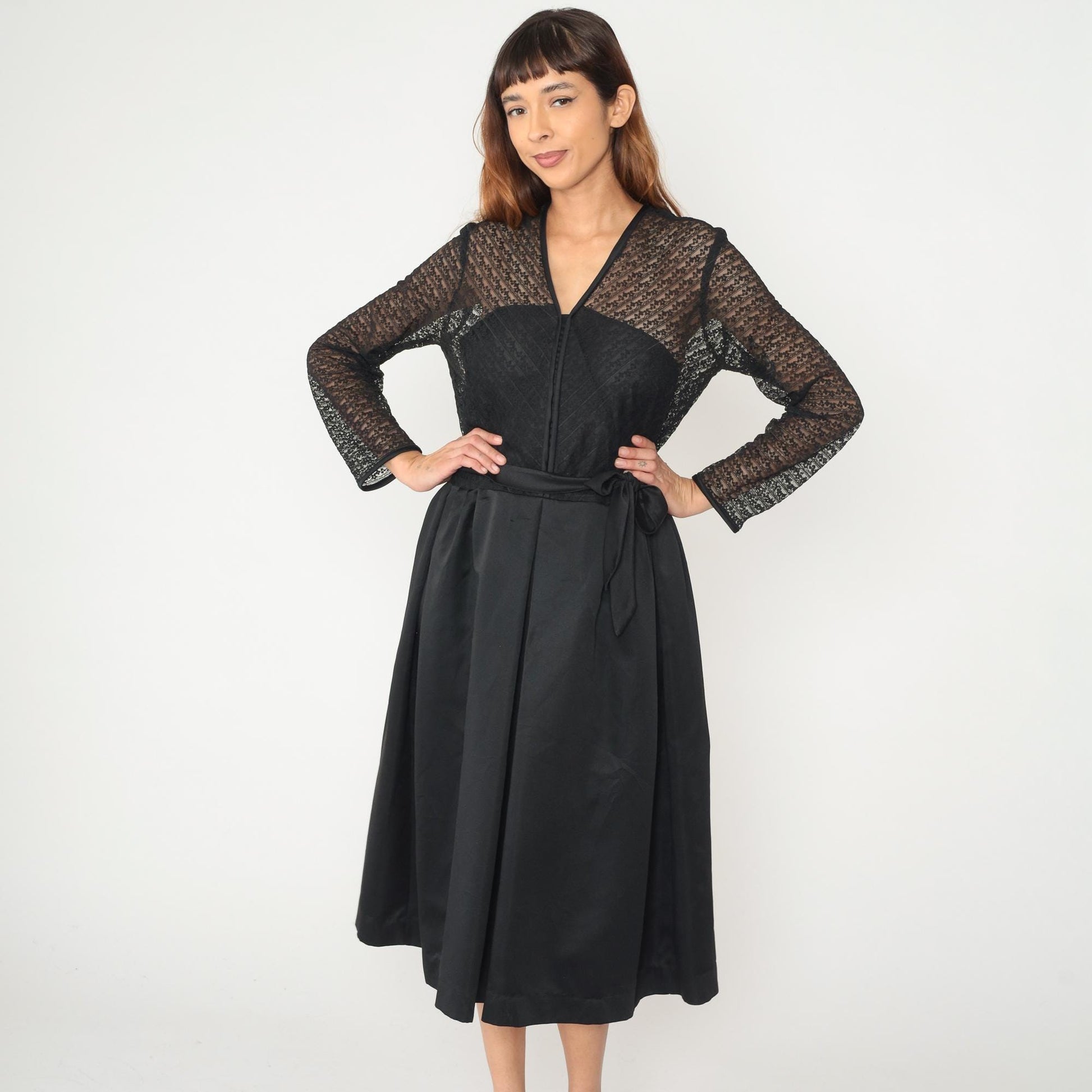 60s Herman Marcus Black Lace V-Neck Dress Tie Belt Midi Medium M