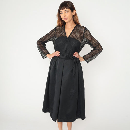 60s Herman Marcus Black Lace V-Neck Dress Tie Belt Midi Medium M