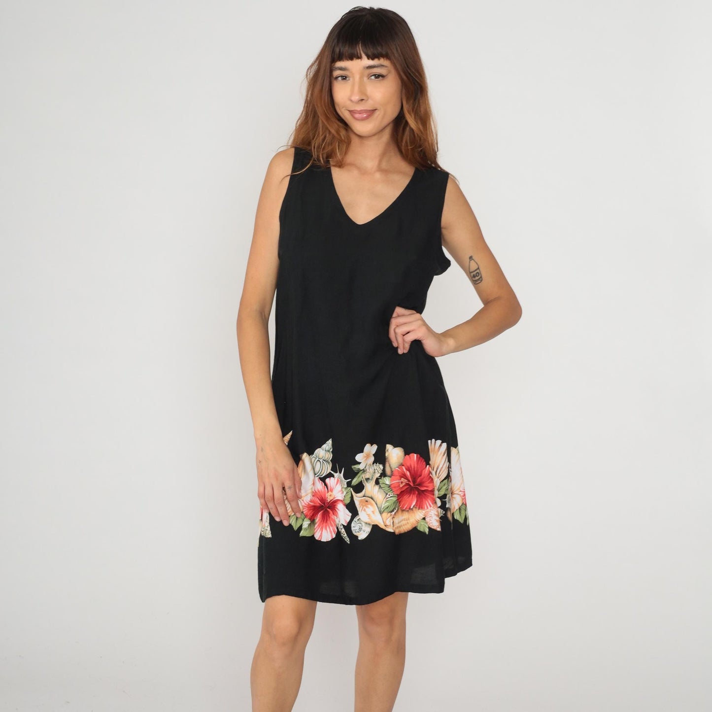 Y2K Black Hibiscus Floral Rayon Shift Dress Knee Length Large L