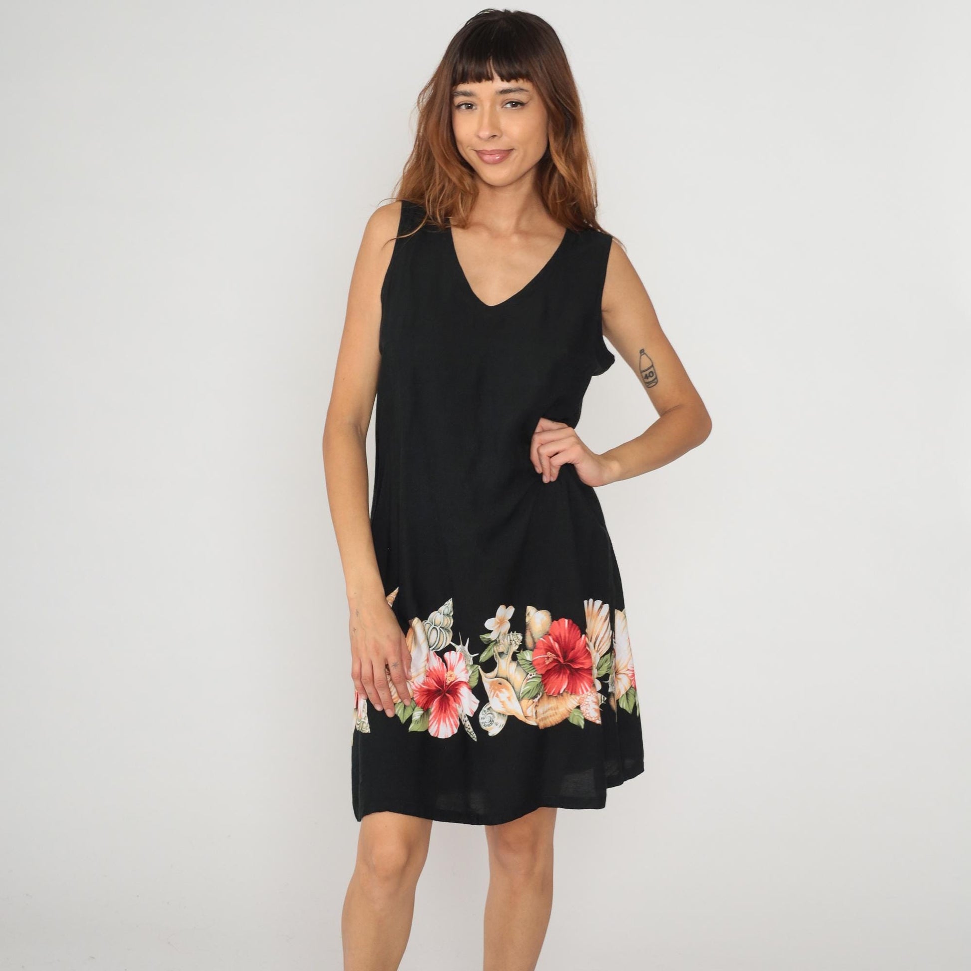 Y2K Black Hibiscus Floral Rayon Shift Dress Knee Length Large L