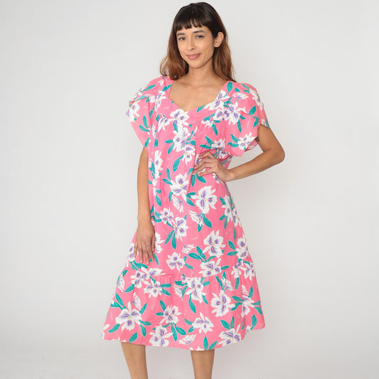 80s Pink Hawaiian Floral Dress V-Neck Flutter Sleeve Knee Length Plus Size XXL