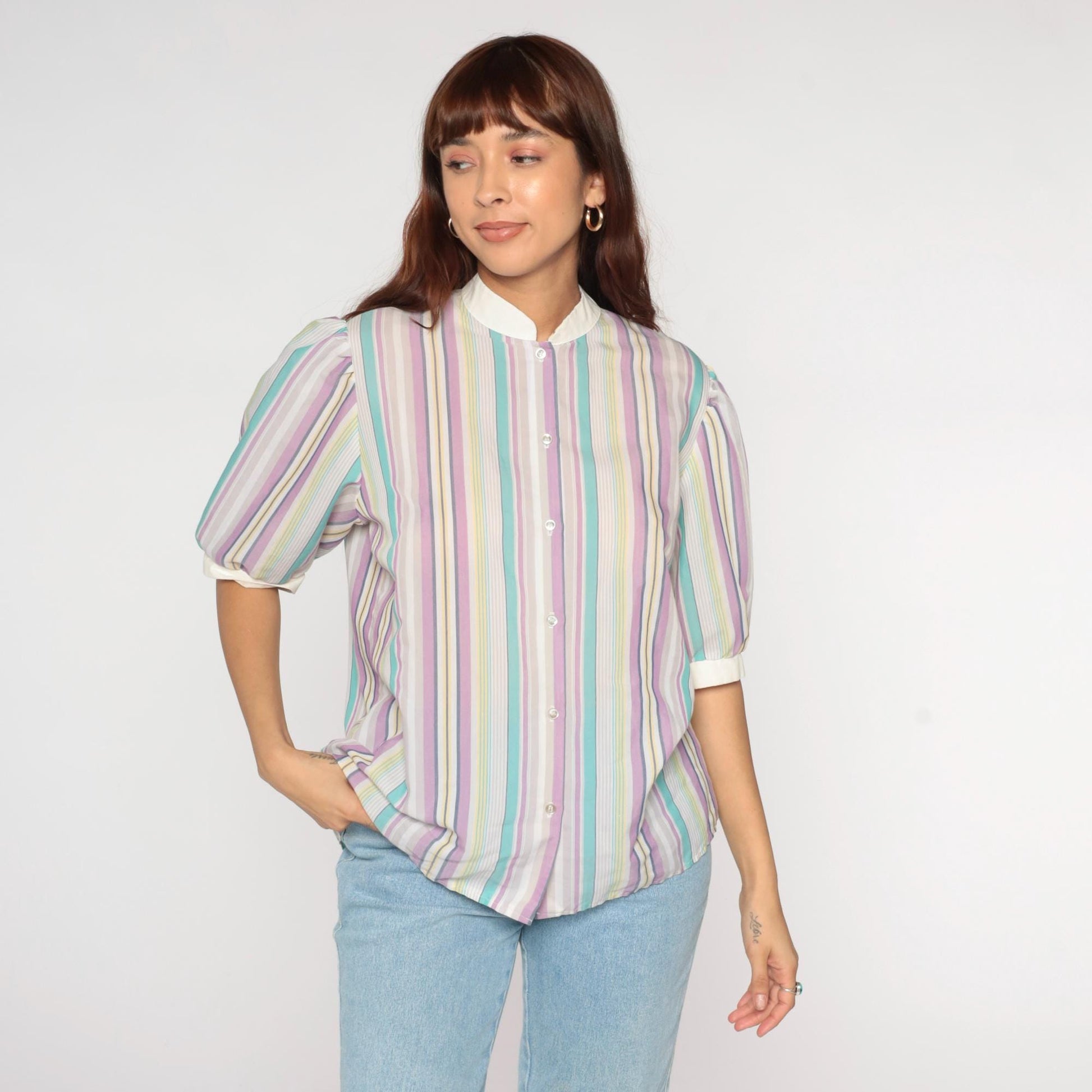 80s Koret Pastel Striped Blouse Peter Pan Collar Puff Sleeve Small