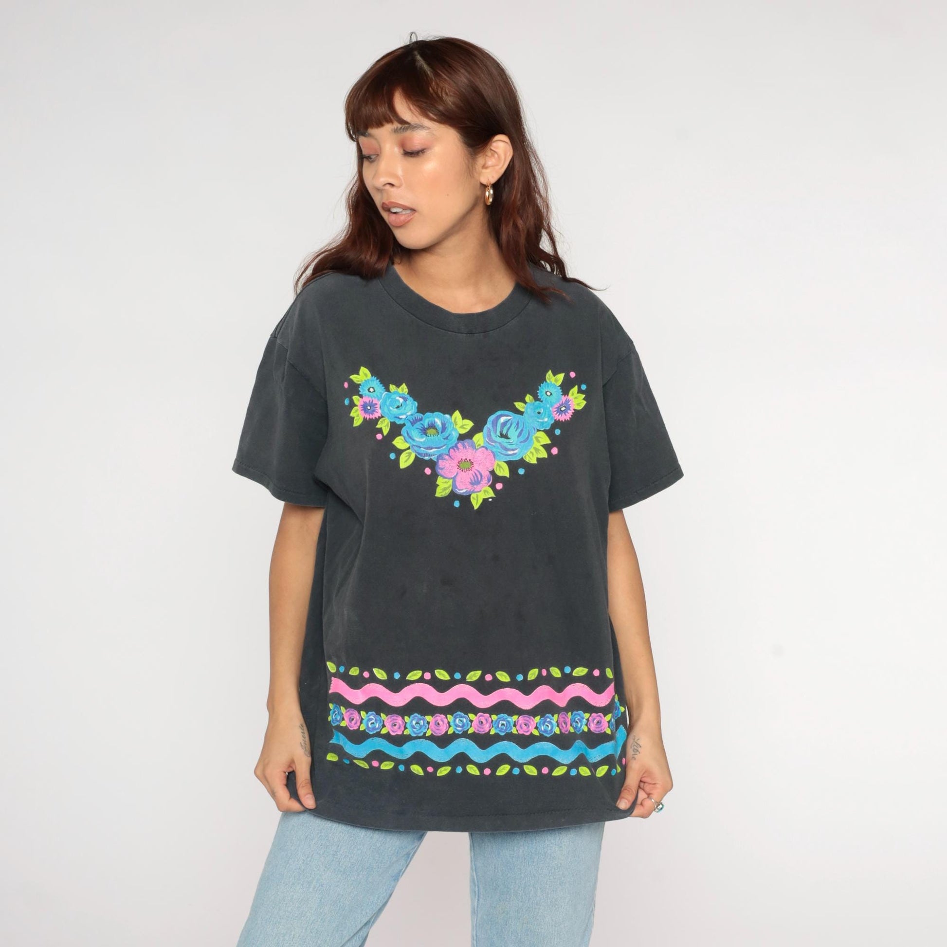 90s Jacques Moret Floral Cotton T-Shirt Blue Pink Roses Graphic Tee Large