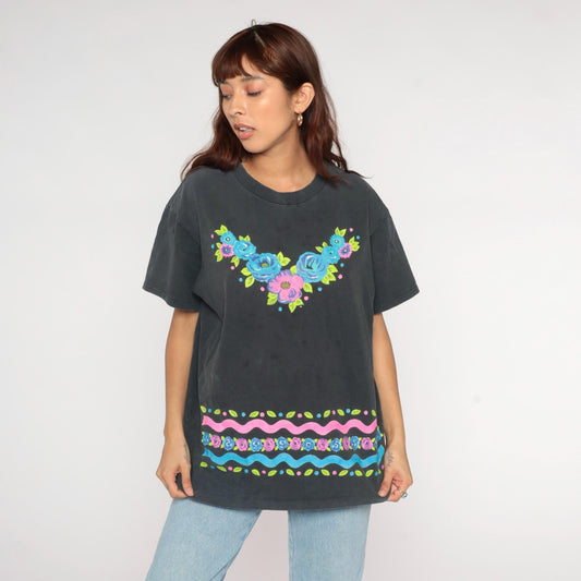 90s Jacques Moret Floral Cotton T-Shirt Blue Pink Roses Graphic Tee Large