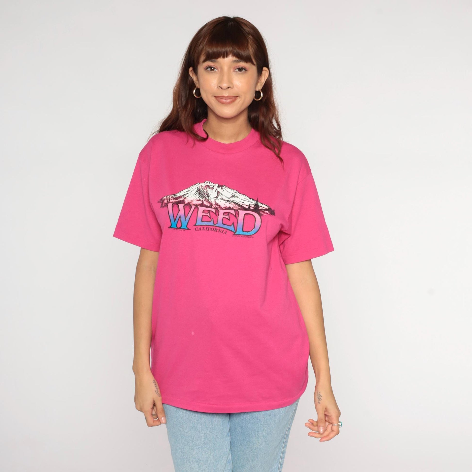 80s Weed California Mountain Graphic T-Shirt Hot Pink Hanes Large L