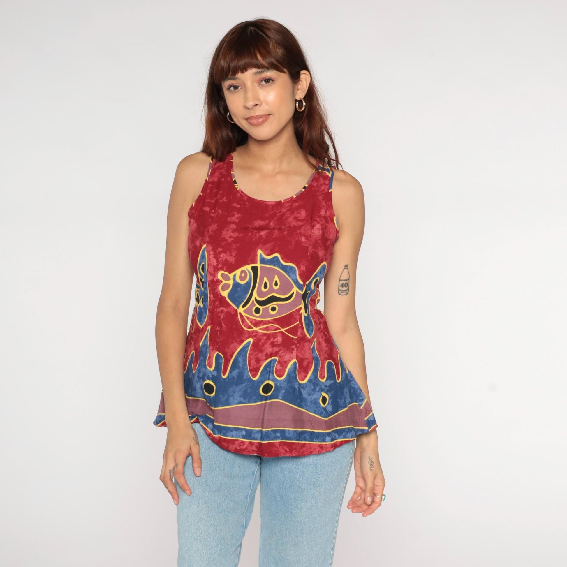 Y2K Ligayas Fish Tank Top Red Tie-Dye Abstract Print Blue Yellow Small